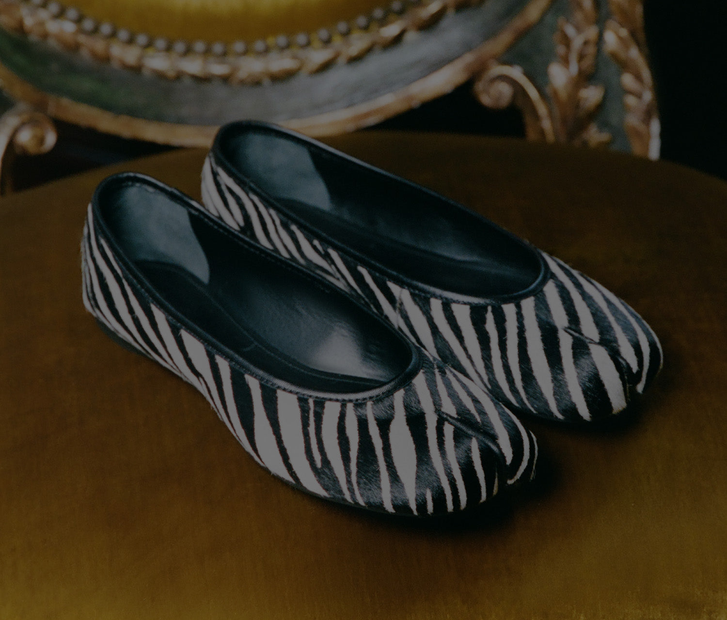 A pair of women's flat shoes with a black and white zebra print, styled on a gold velvet surface with an ornate chair in the background.