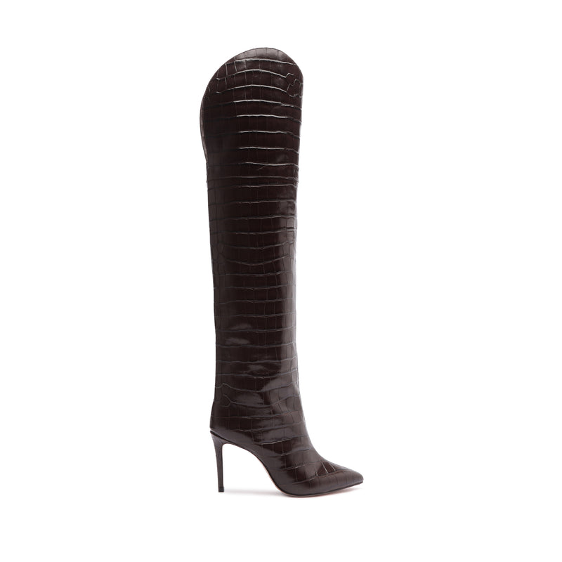 Maryana Over the Knee Leather Boot Boots Fall 23 5 Dark Chocolate Crocodile-Embossed Leather - Schutz Shoes