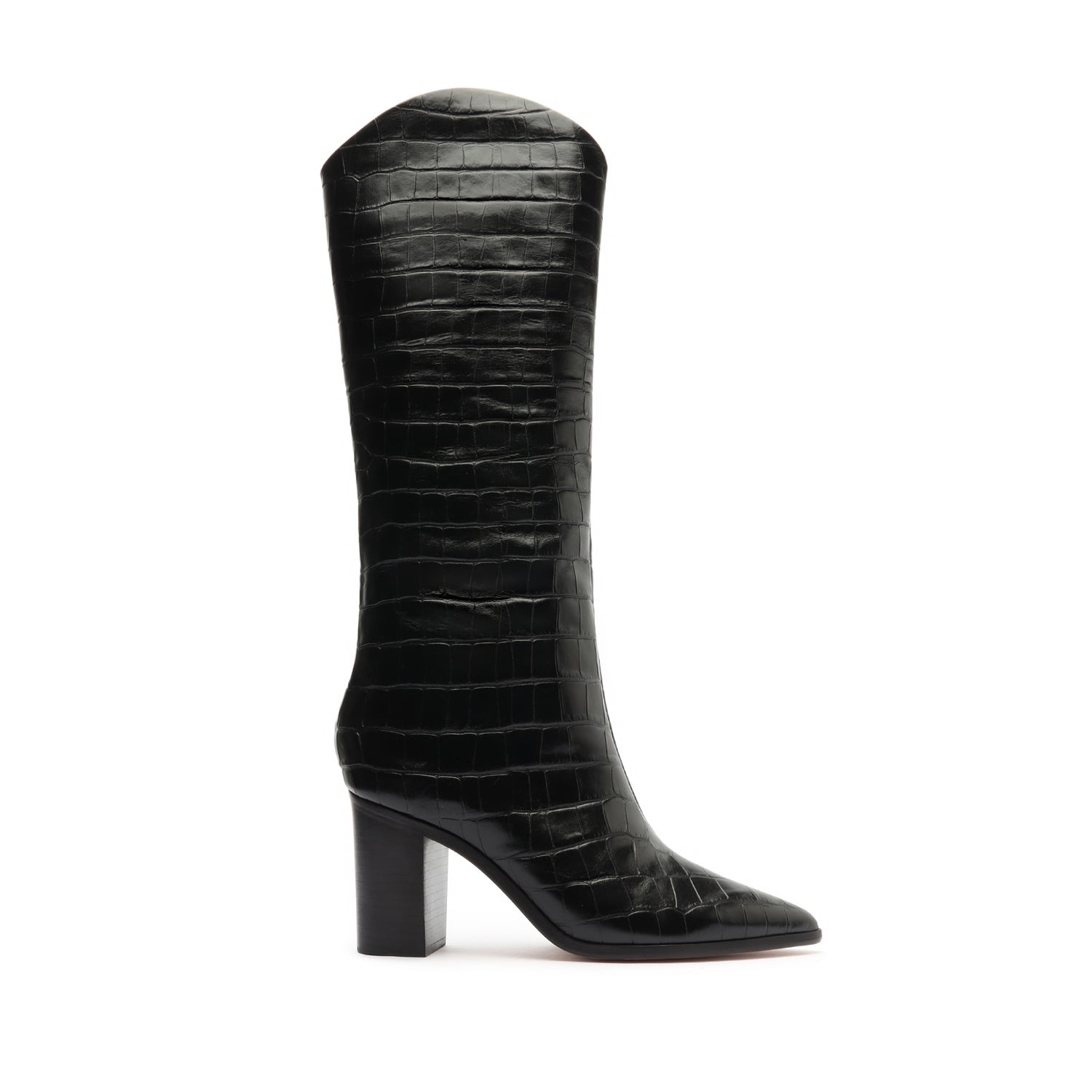 Maryana Block Wide Crocodile Boot Boots CO 5 Black Crocodile-Embossed Leather - Schutz Shoes