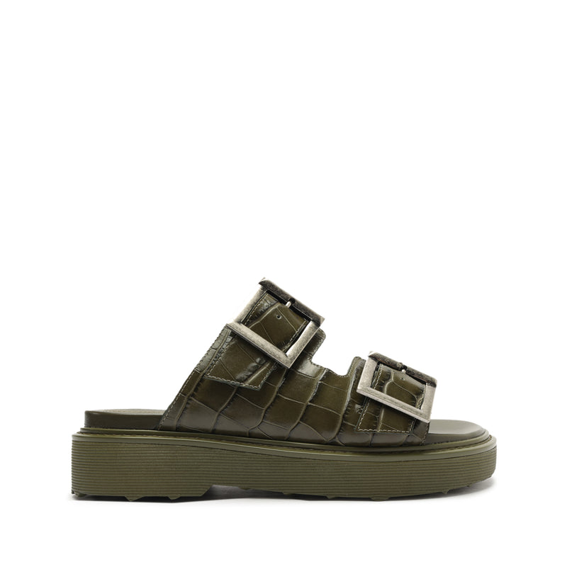 Nola Sandal Flats Pre Fall 23 5 Military Green Crocodile-Embossed Leather - Schutz Shoes