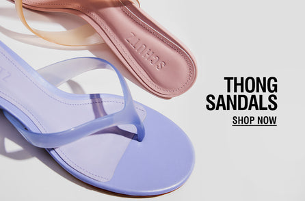 Pastel pink and lavender thong sandals overlap on a white background. Bold text beside them reads 