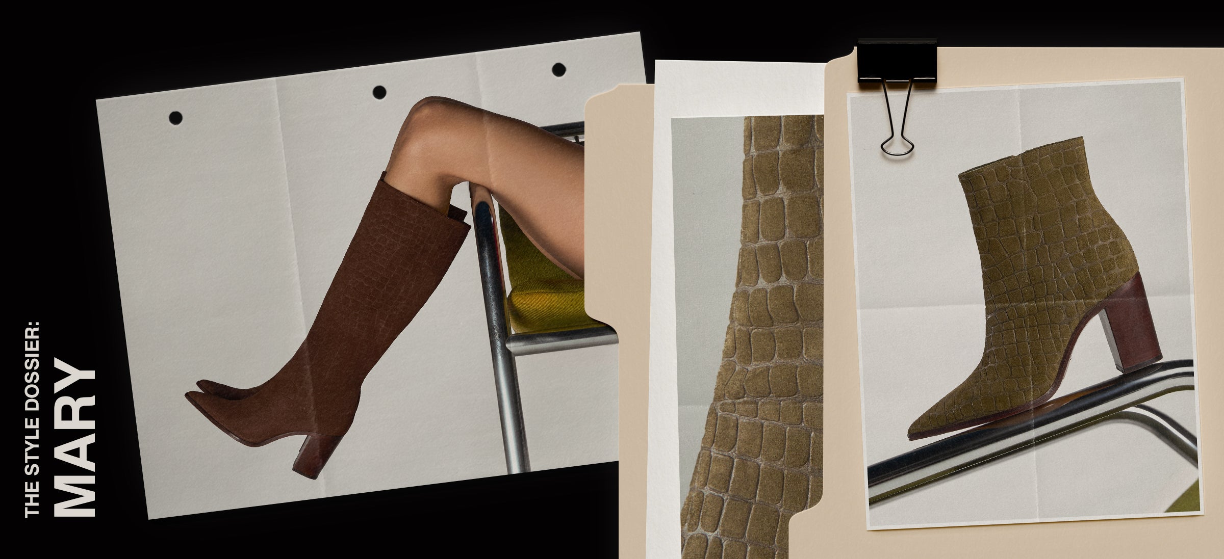 A collage of images from "The Style Dossier: MARY" showing different views of a brown crocodile-embossed ankle boot.