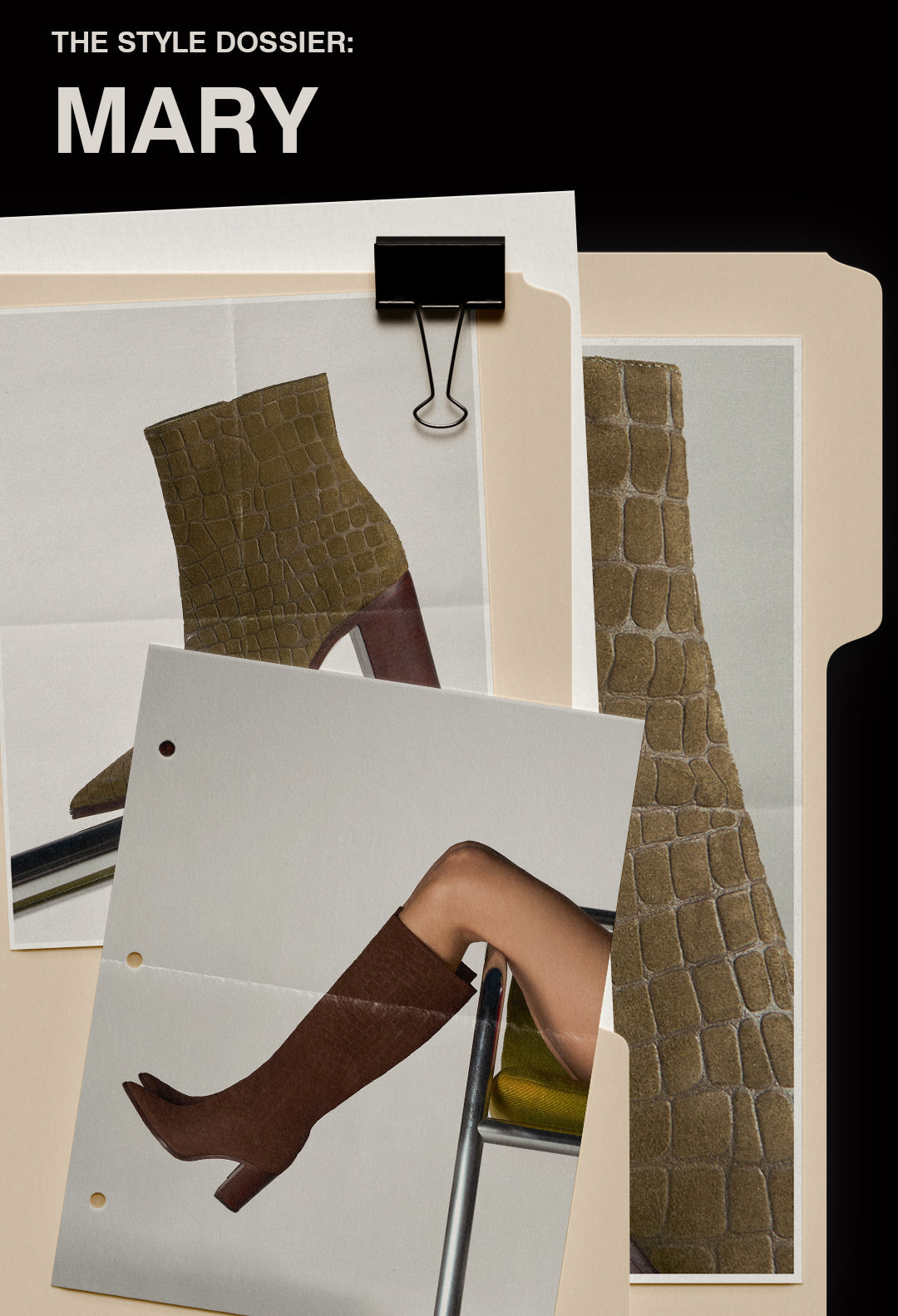 A collage of images from "The Style Dossier: MARY" showing different views of a brown crocodile-embossed ankle boot.