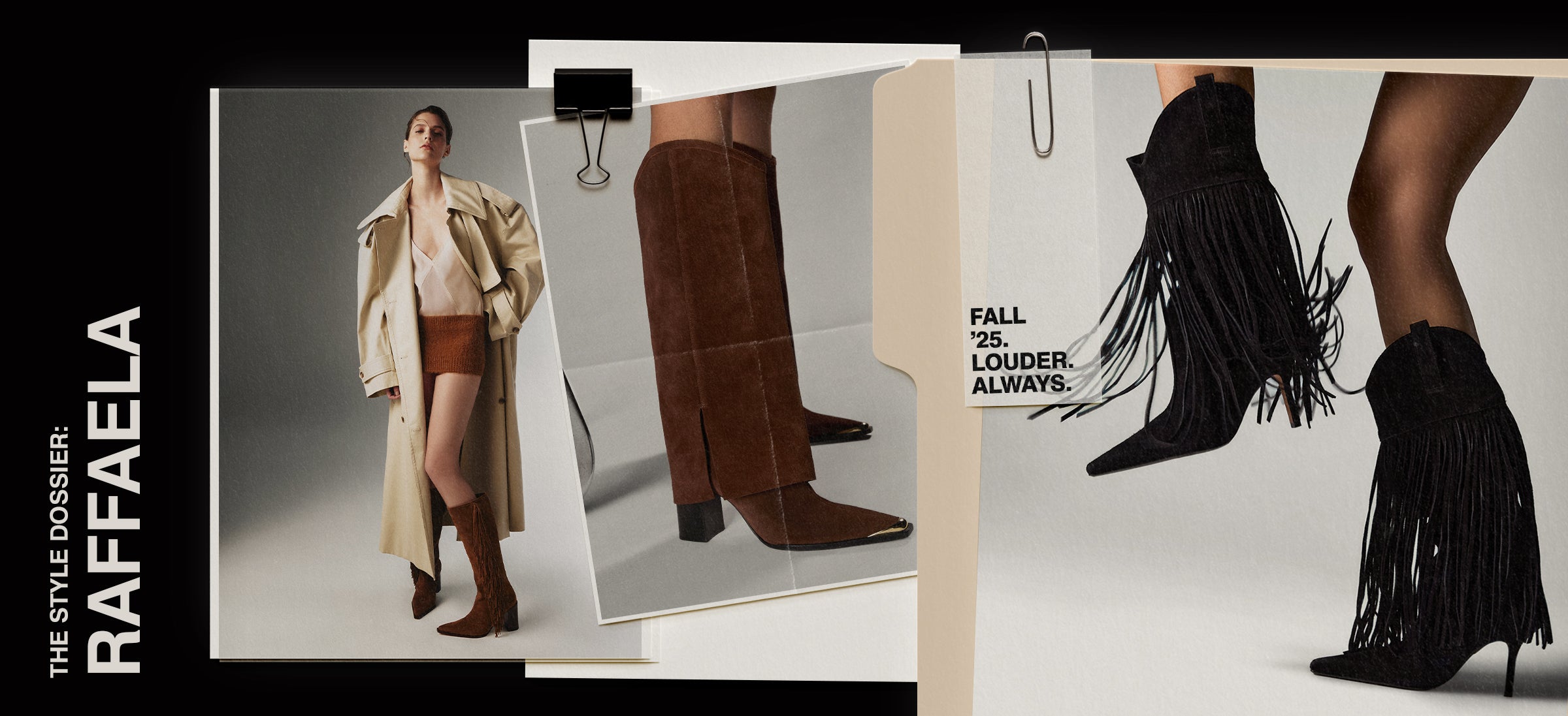 "The Style Dossier: RAFFAELA" with a model wearing a light trench coat, knit shorts, and brown fringed Raffaela boots.