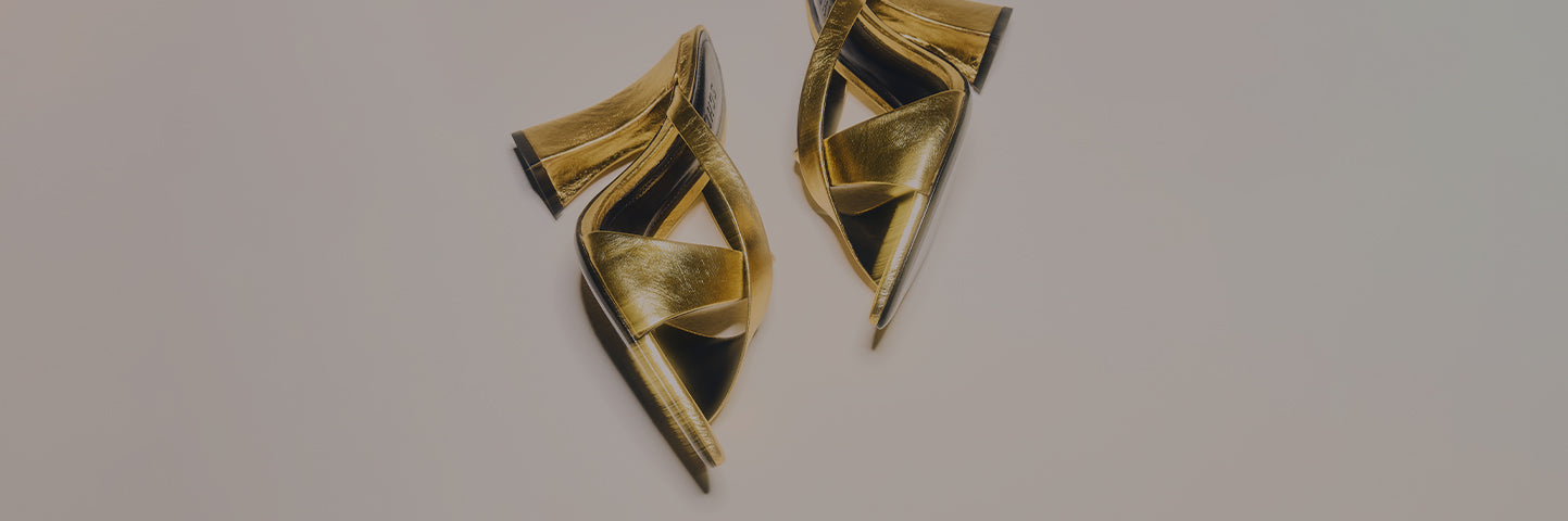 Gold block-heel sandals arranged on a light background with the text “BLOCK HEEL SANDALS” on the left.