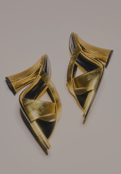 Gold block-heel sandals arranged on a light background with the text “BLOCK HEEL SANDALS” on the left.