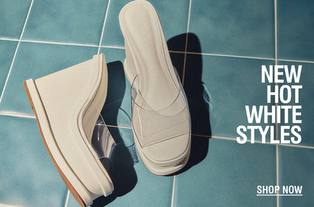 White wedge sandals with clear straps on blue tiles,castingsoft shadows. Text reads 