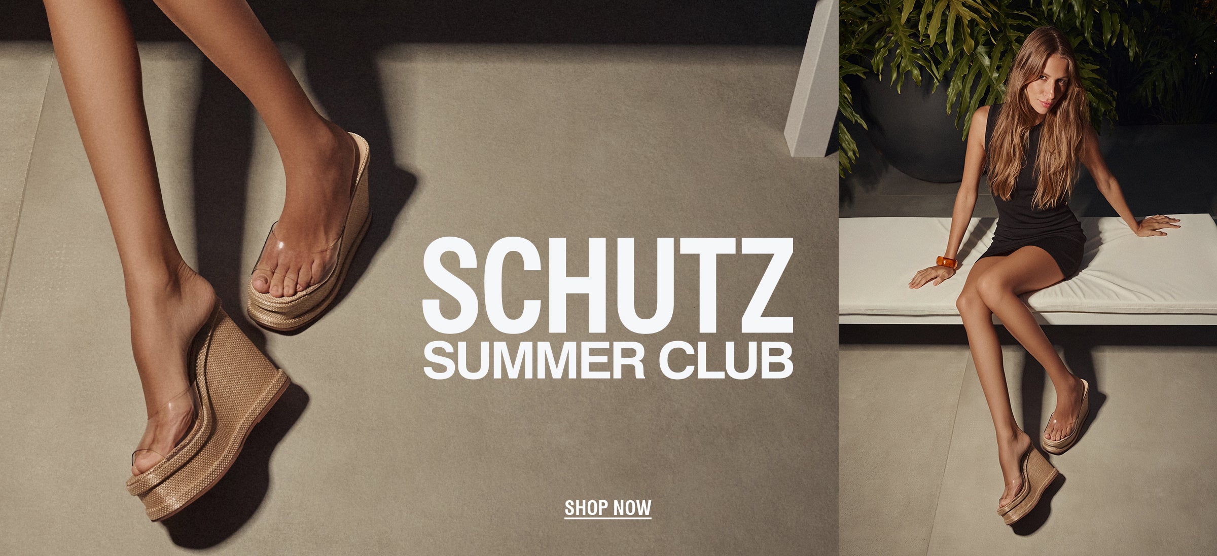 Fashion ad featuring a woman in a black dressand wedge sandals sitting on a white bench. 'Schutz Summer Club' text standsprominent beside her. Elegant, relaxed summer vibe.