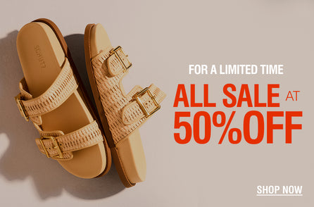 Beige woven sandals with gold buckles on a light background. Bold red text reads 