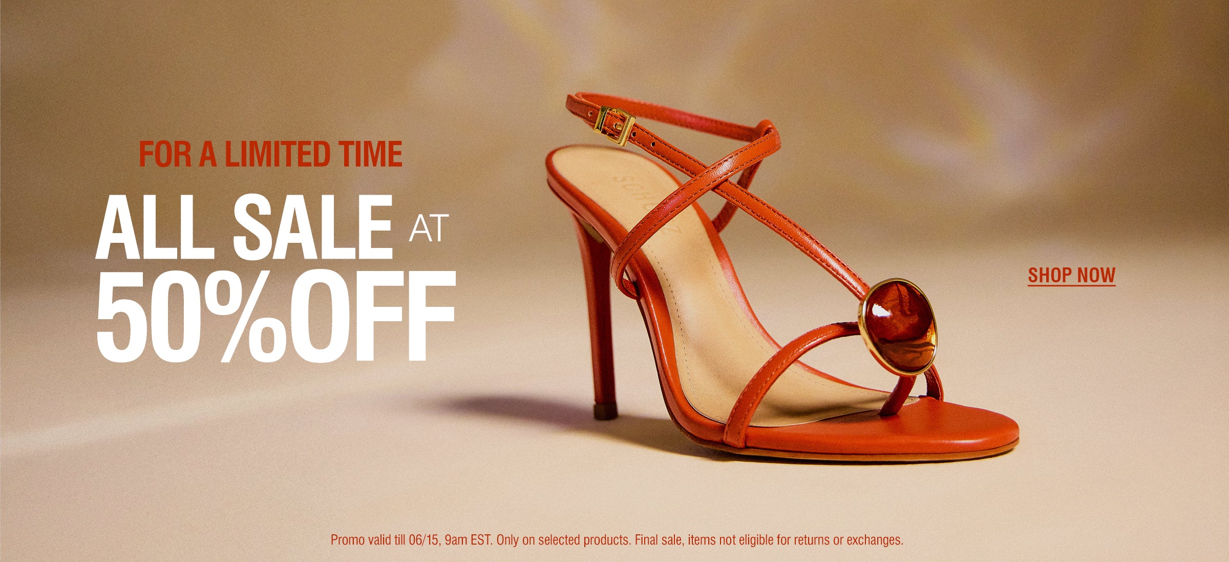 Red high-heeled sandal with straps, centered on a beige background. Text above: "For a limited time, all sale at 50% off". Tone is elegant and enticing.
