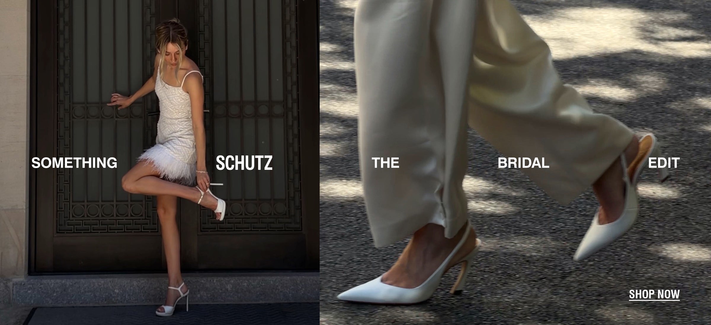 Alt text: Young woman in white feathered dress adjusts her white high heels beside a metal door. Close-up of another woman's white heels on pavement. Text reads "Something Schutz" and "The Bridal Edit." Tone is elegant and stylish.