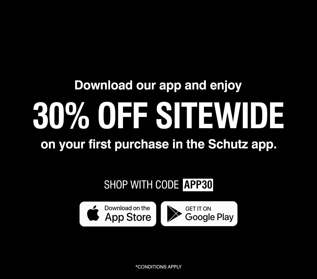 Promotional banner for the Schutz app featuring 30% off sitewide on your first app purchase with code APP30. Includes App Store and Google Play download buttons, a Shop Now call to action, and offer details.