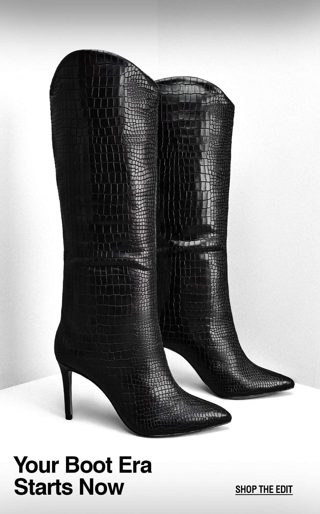 Hero banner featuring black crocodile-embossed knee-high leather boots with the headline "Your Boot Era Starts Now."