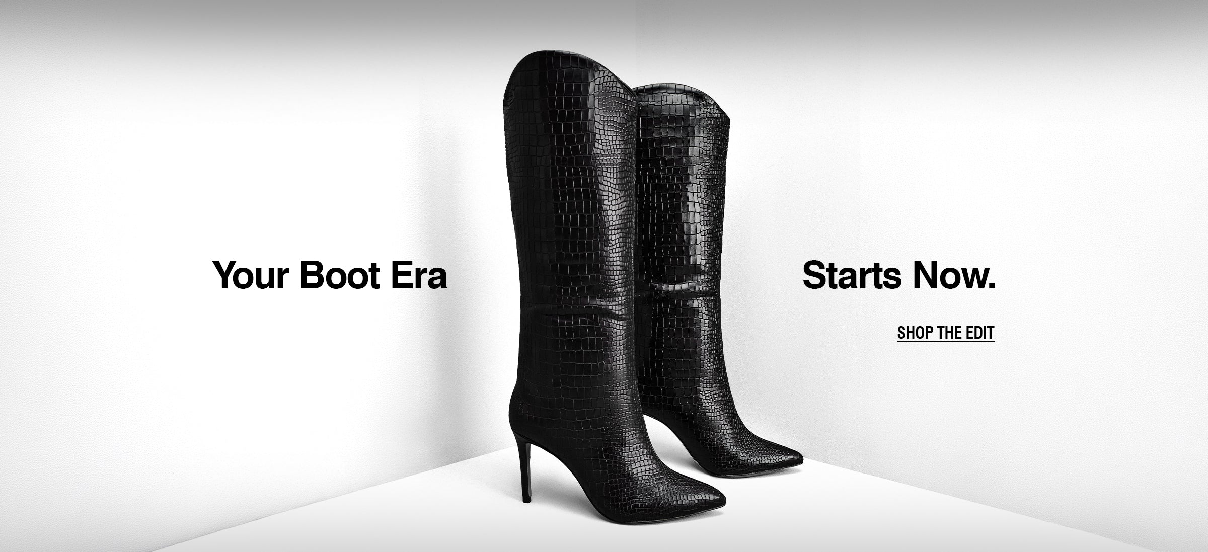 Hero banner featuring black crocodile-embossed knee-high leather boots with the headline "Your Boot Era Starts Now."