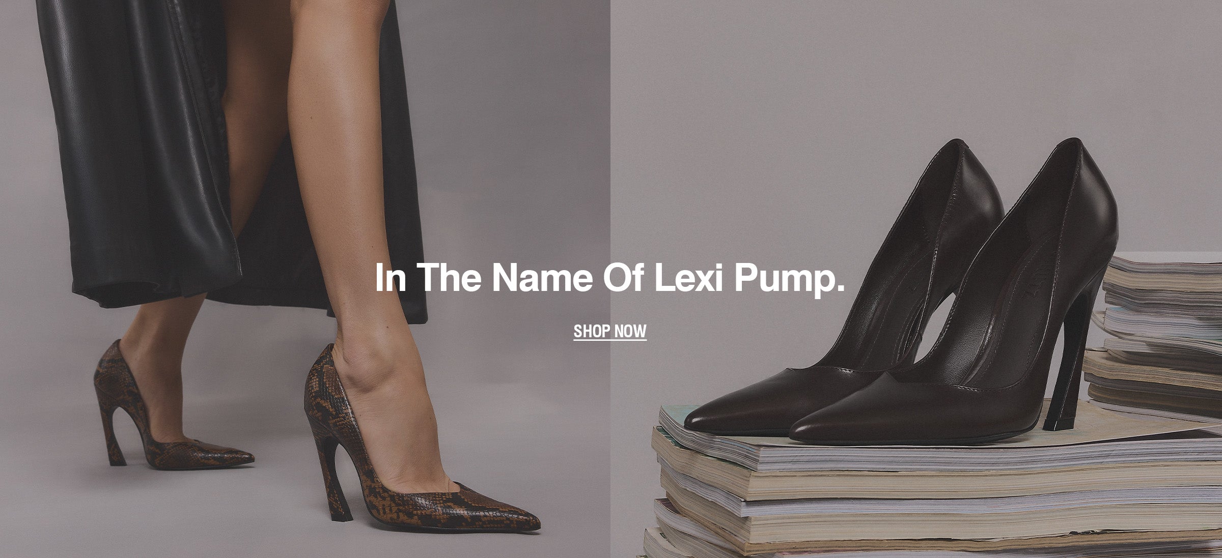 A split promotional image for high-heeled pumps. The left side shows a model wearing brown leopard-print pointed-toe pumps with a black dress, with the text 'In The Name Of Lexi Pump.