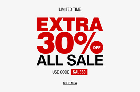 Promotional sale graphic on a light gray background with large red and black text reading 'LIMITED TIME EXTRA 30% OFF ALL SALE' and 'USE CODE SALE30'.