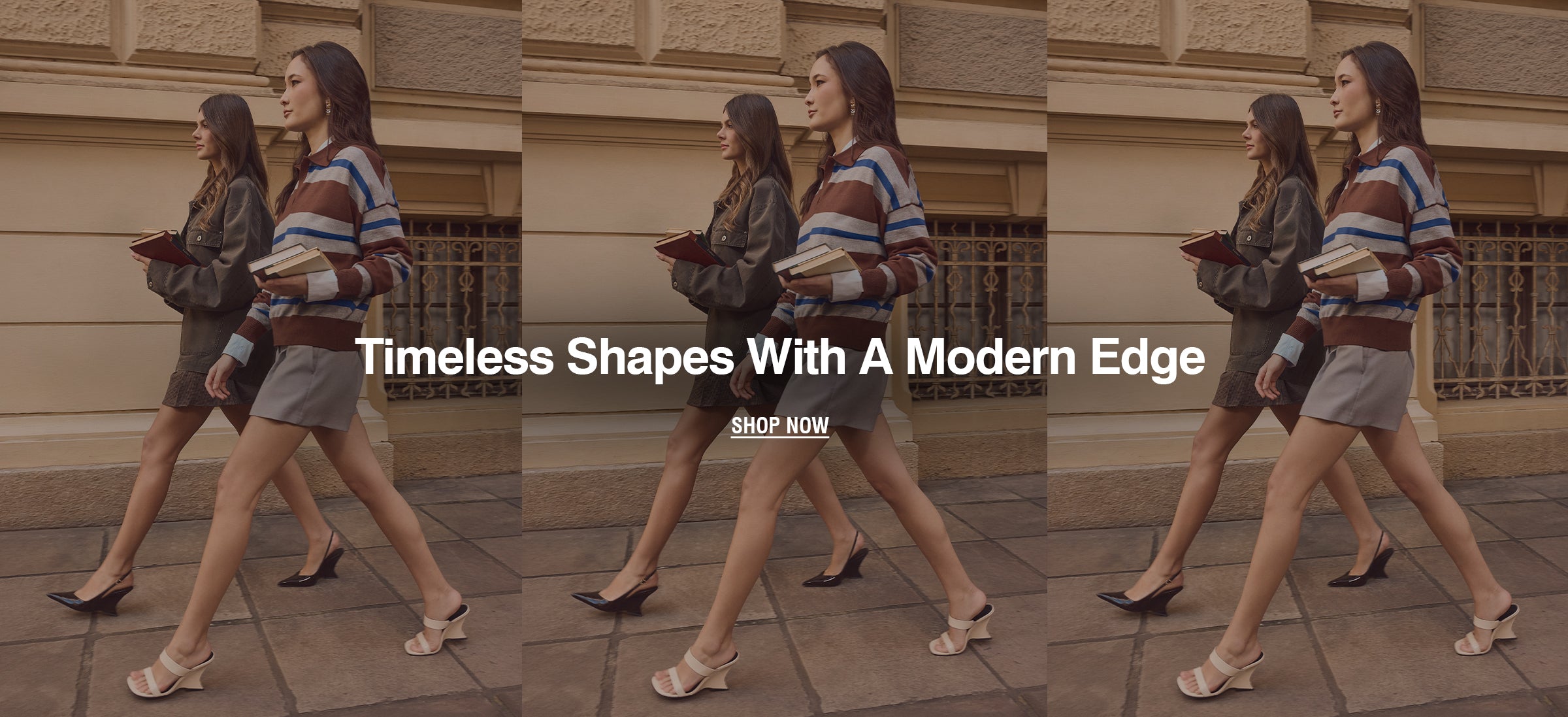 A promotional banner showing a woman walking outdoors in a striped knit sweater and skirt, with a faded repeated version of the same image behind her. Large overlaid text reads 'Timeless Shapes With A Modern Edge' and 'SHOP NOW'.