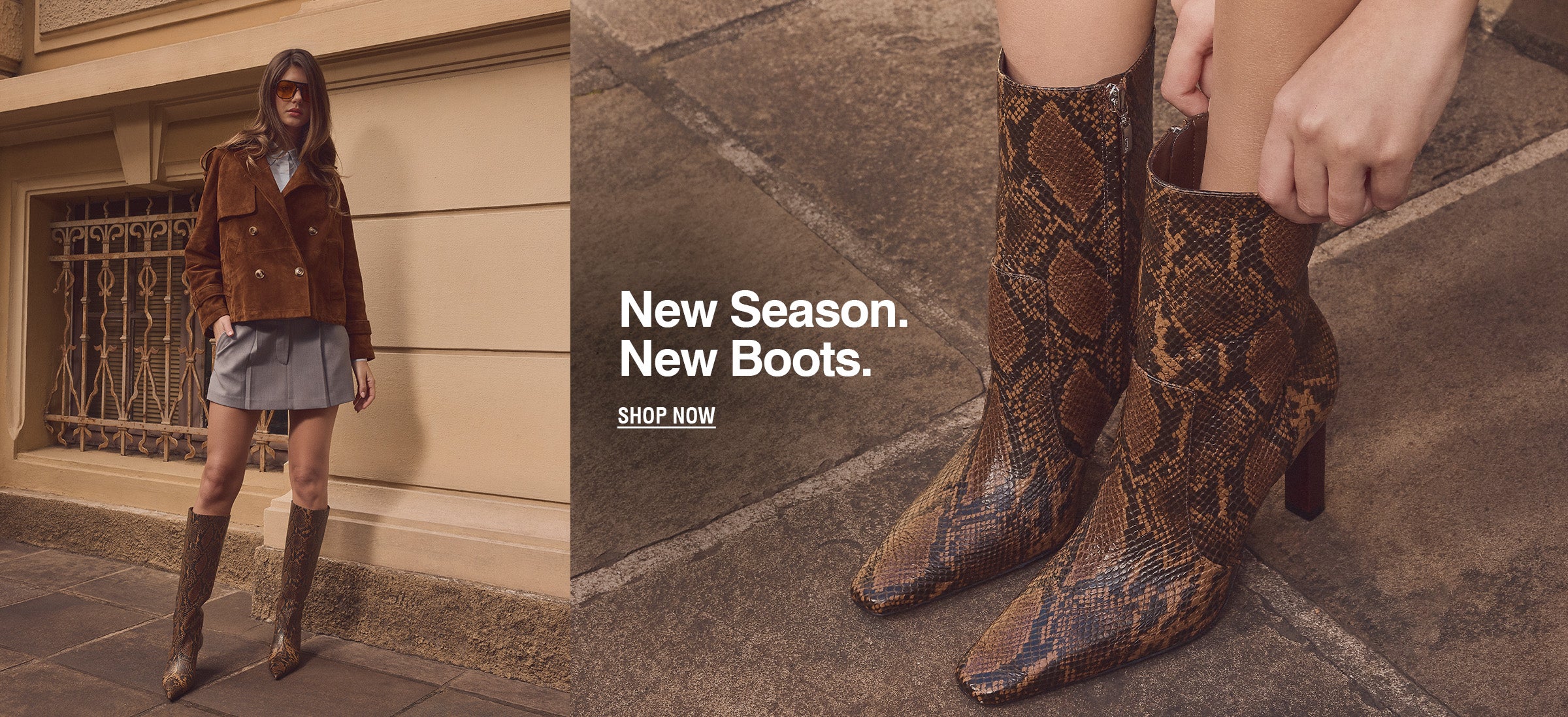 A split promotional image for snakeskin ankle boots. The left side shows a woman wearing brown boots with a brown jacket and gray skirt standing outside a beige building.