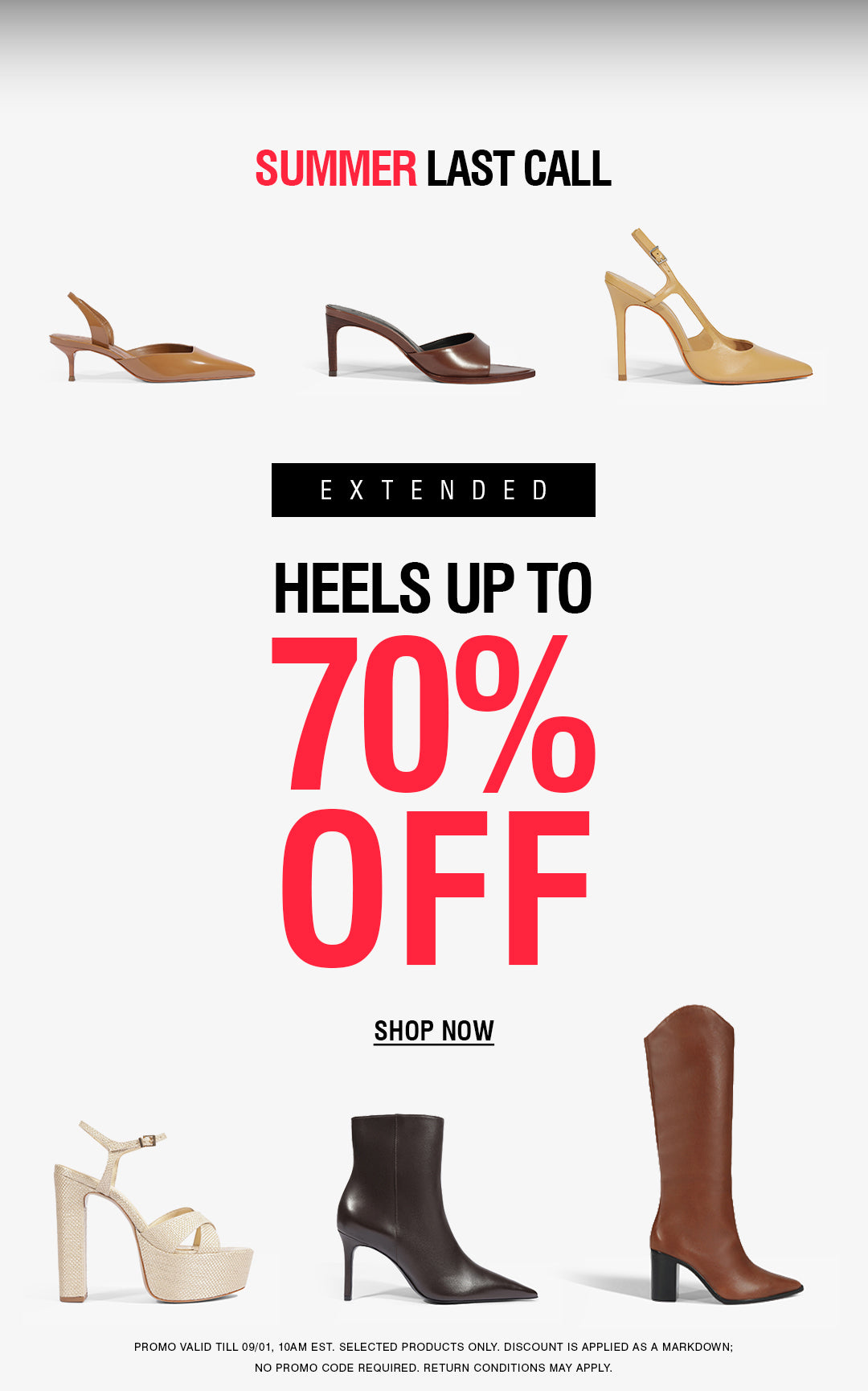 Promotional sale graphic for women's heels with text reading 'SUMMER LAST CALL', 'EXTENDED', 'HEELS UP TO 70% OFF', and 'SHOP NOW'. Six women's heeled shoes are shown in beige, brown, and tan tones on a white background.