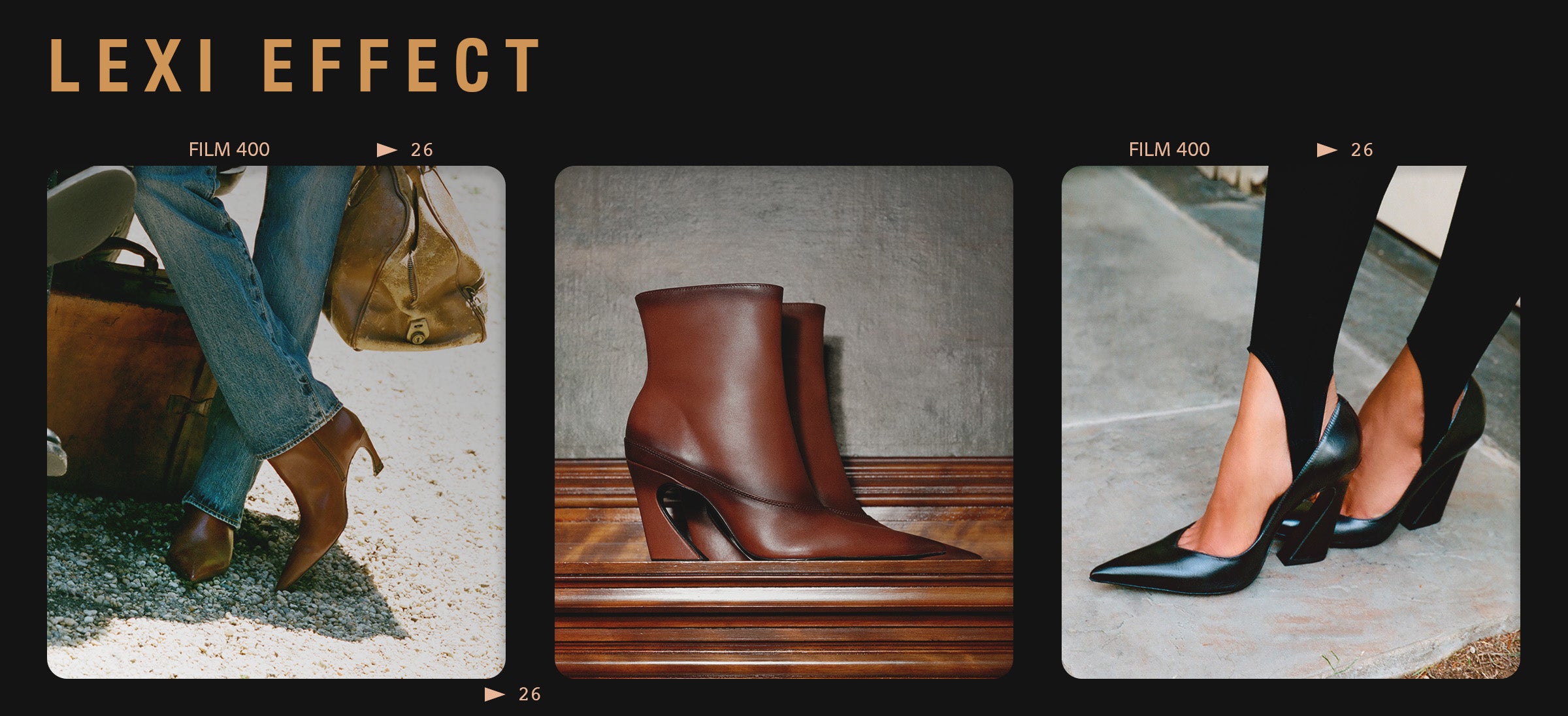 A pair of pointed-toe ankle boots in smooth brown leather with a sculptural wedge heel, displayed on a wooden surface against a textured gray wall. The text 'LEXI EFFECT' is visible on the left.