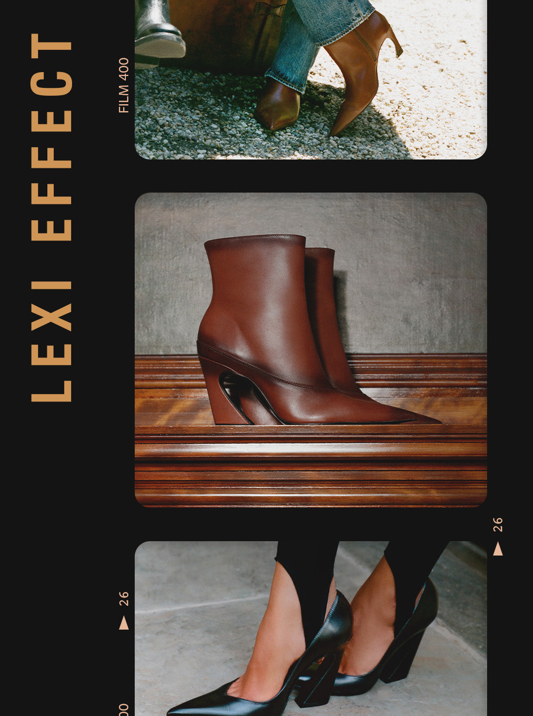 A pair of brown leather ankle boots with a unique wedge cutout heel, displayed on a wooden surface against a textured gray wall with the text 'LEXI EFFECT' at the top.