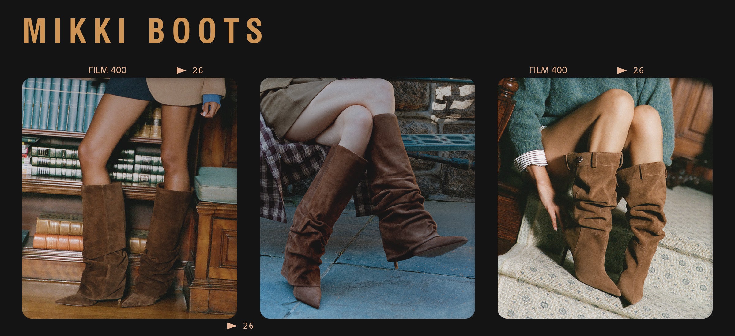 A person wearing tall brown suede-like slouch boots with pointed toes, standing in a book-filled room. The word 'MIKKI' appears on the left over a wooden chest.