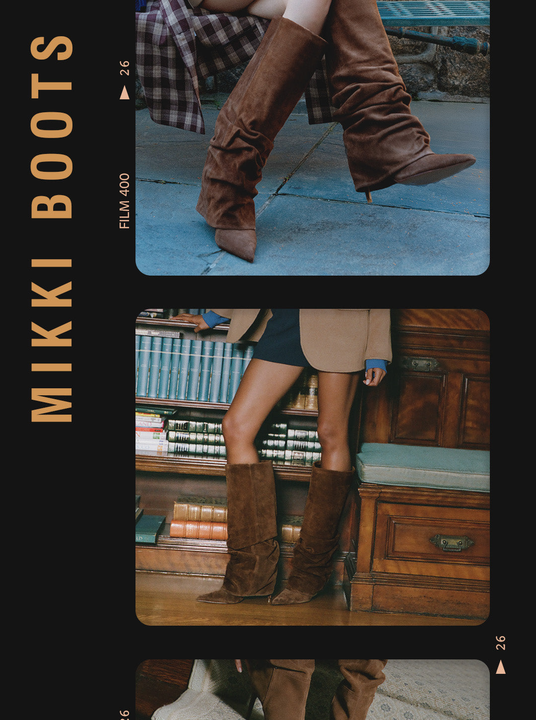 A person wearing a pair of tall brown suede slouchy boots with pointed toes, standing in front of a wooden bookshelf. The brand name 'MIKKI' is printed in white text across the upper portion of the image.