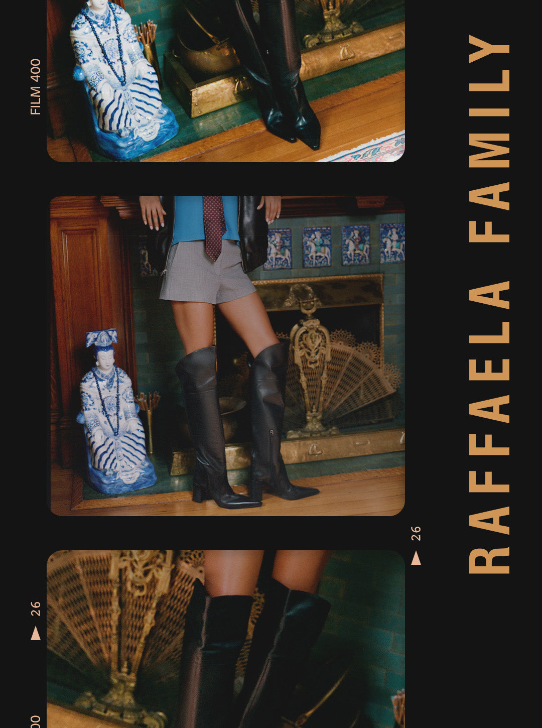 A light gray square graphic with the text 'RAFFAELA BOOTS' in white sans-serif lettering on the left side.
