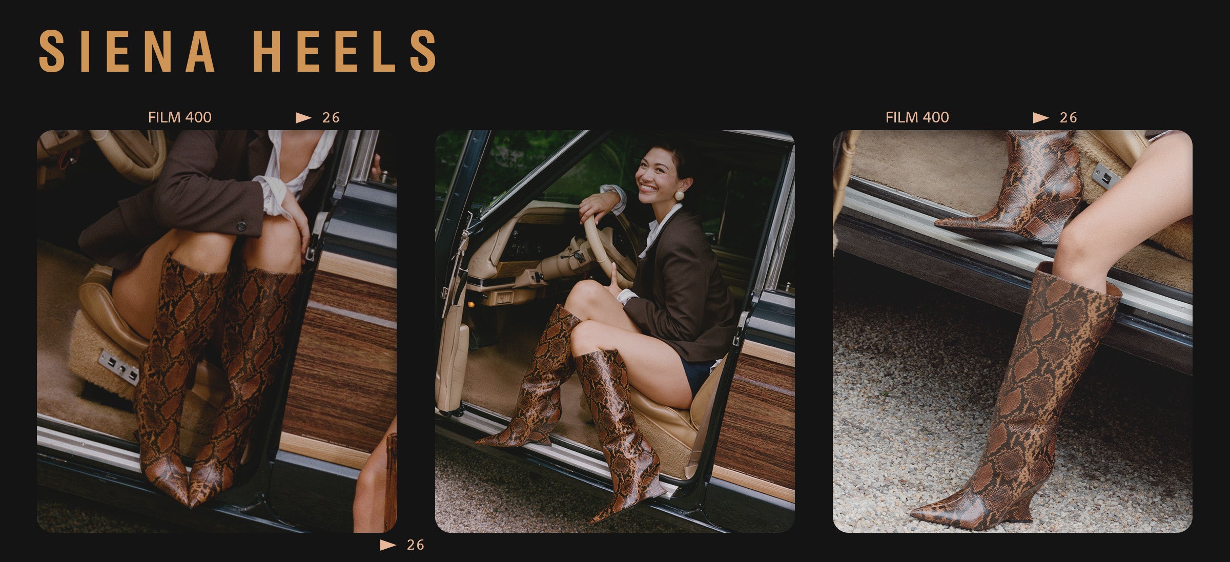 A person seated in the open door of a vintage car wearing tall brown snakeskin-patterned cowboy boots. The wood-paneled car door is visible, and the text 'SIENA FAMILY' appears on the left.
