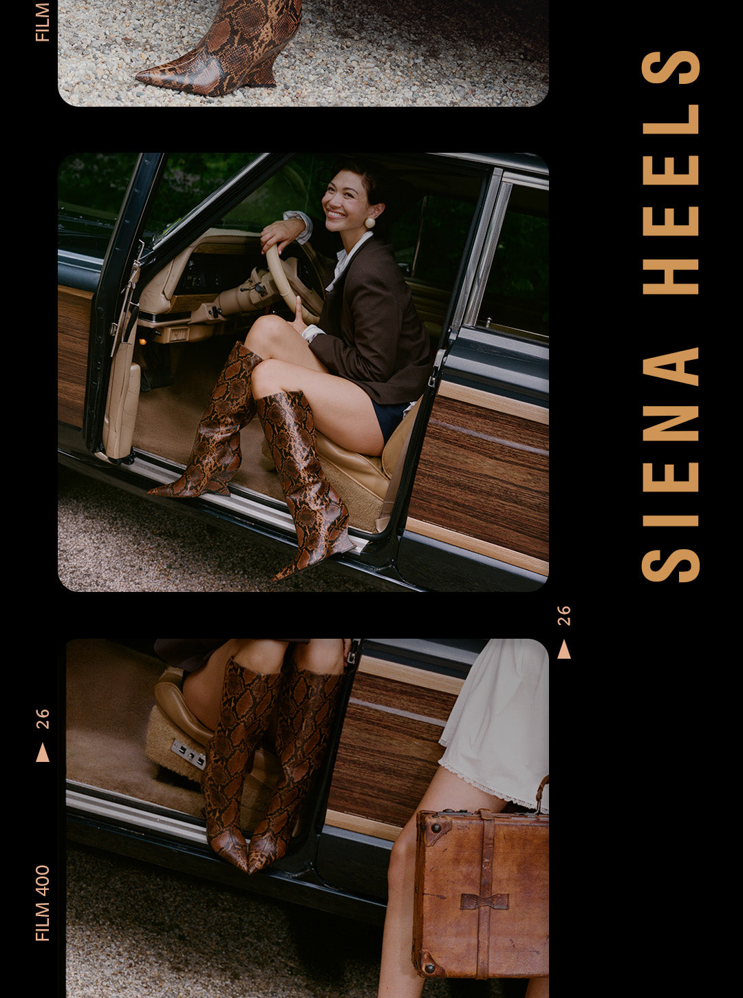 A person seated in a vehicle wearing tall pointed-toe boots with a brown and black snakeskin pattern. Large white text at the top reads 'SIENA FAMILY'.