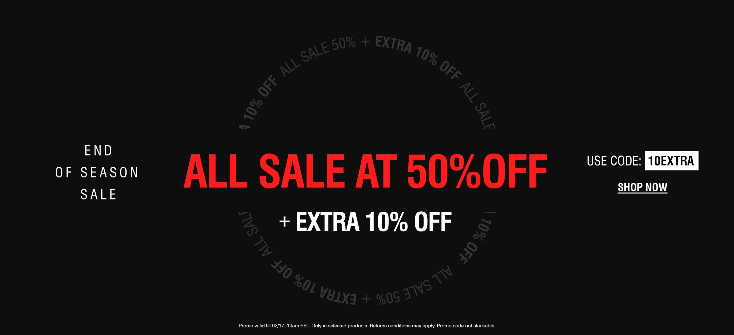 Black banner with End of Season Sale promotion. Text reads “All Sale at 50% Off + Extra 10% Off.” Includes discount code 10EXTRA and call to action to shop now.