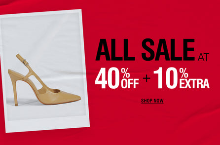 A beige slingback high-heeled shoe displayed on a white polaroid-style photo frame against a bright red promotional background with text reading 'ALL SALE AT 40% OFF + 10% EXTRA' and 'SHOP NOW'.