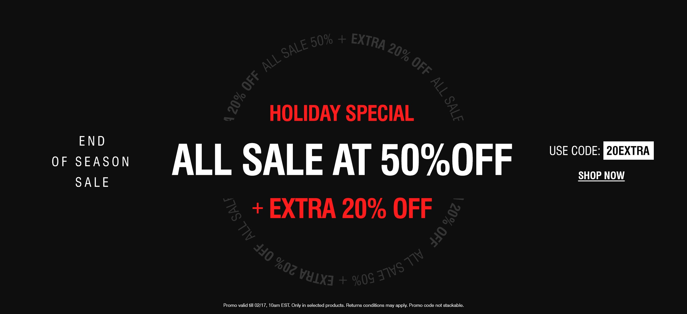 Black banner with End of Season Sale promotion. Text reads “All Sale at 50% Off + Extra 10% Off.” Includes discount code 10EXTRA and call to action to shop now.