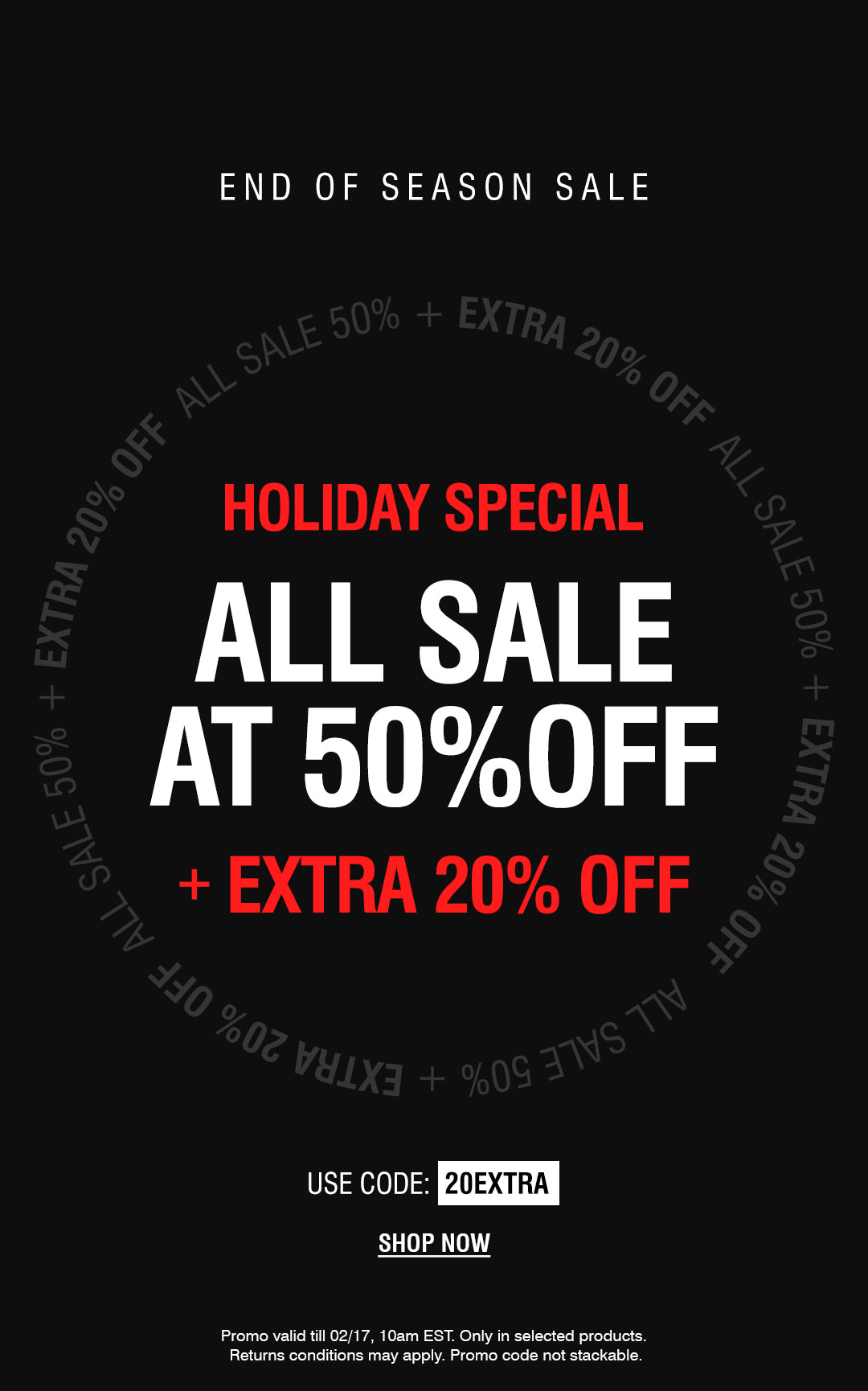 Black banner with End of Season Sale promotion. Text reads “All Sale at 50% Off + Extra 10% Off.” Includes discount code 10EXTRA and call to action to shop now.