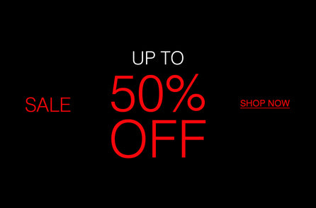 Sale advertisement with 'Up to 50% Off' on a black background