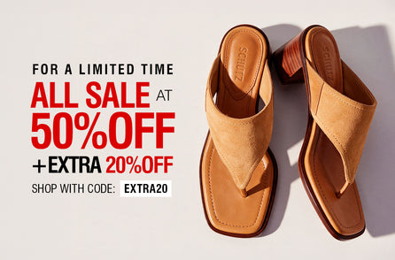 A pair of tan suede thong sandals with block heels, shown on a light gray background with promotional sale text on the left. The sandals have a square toe and a thong strap design.
