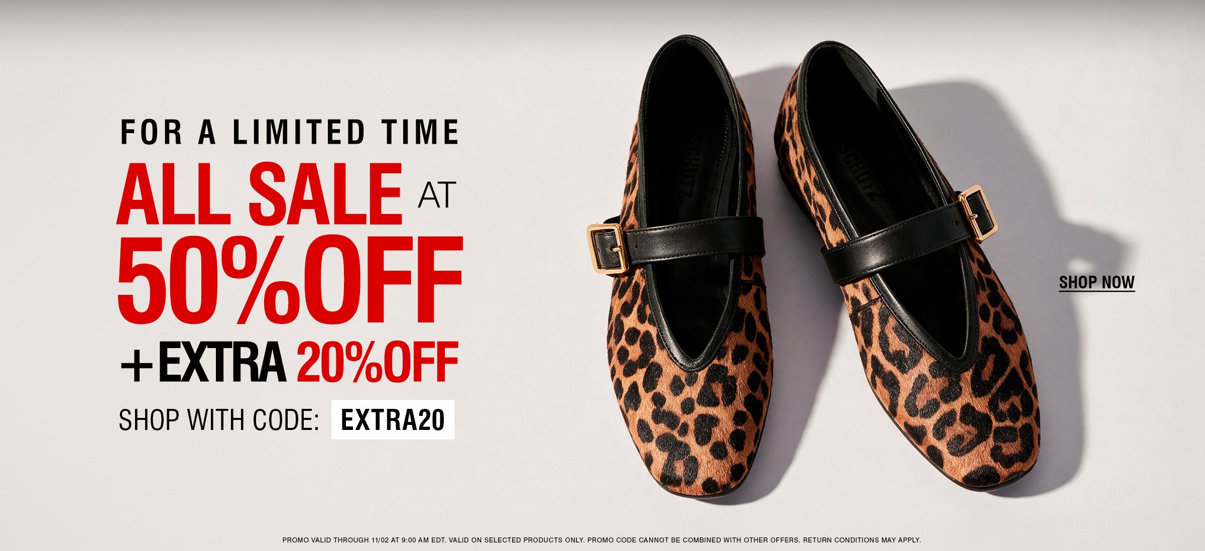 A pair of leopard print Mary Jane shoes with black straps and gold-tone buckles, displayed on a light gray background with a large promotional sale text overlay on the left.