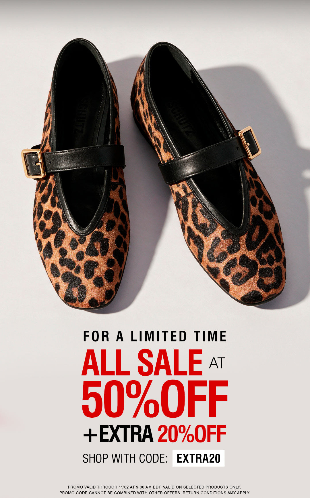 A pair of leopard print Mary Jane shoes with black straps and gold-tone buckles, displayed on a light gray background with a large promotional sale text overlay on the left.