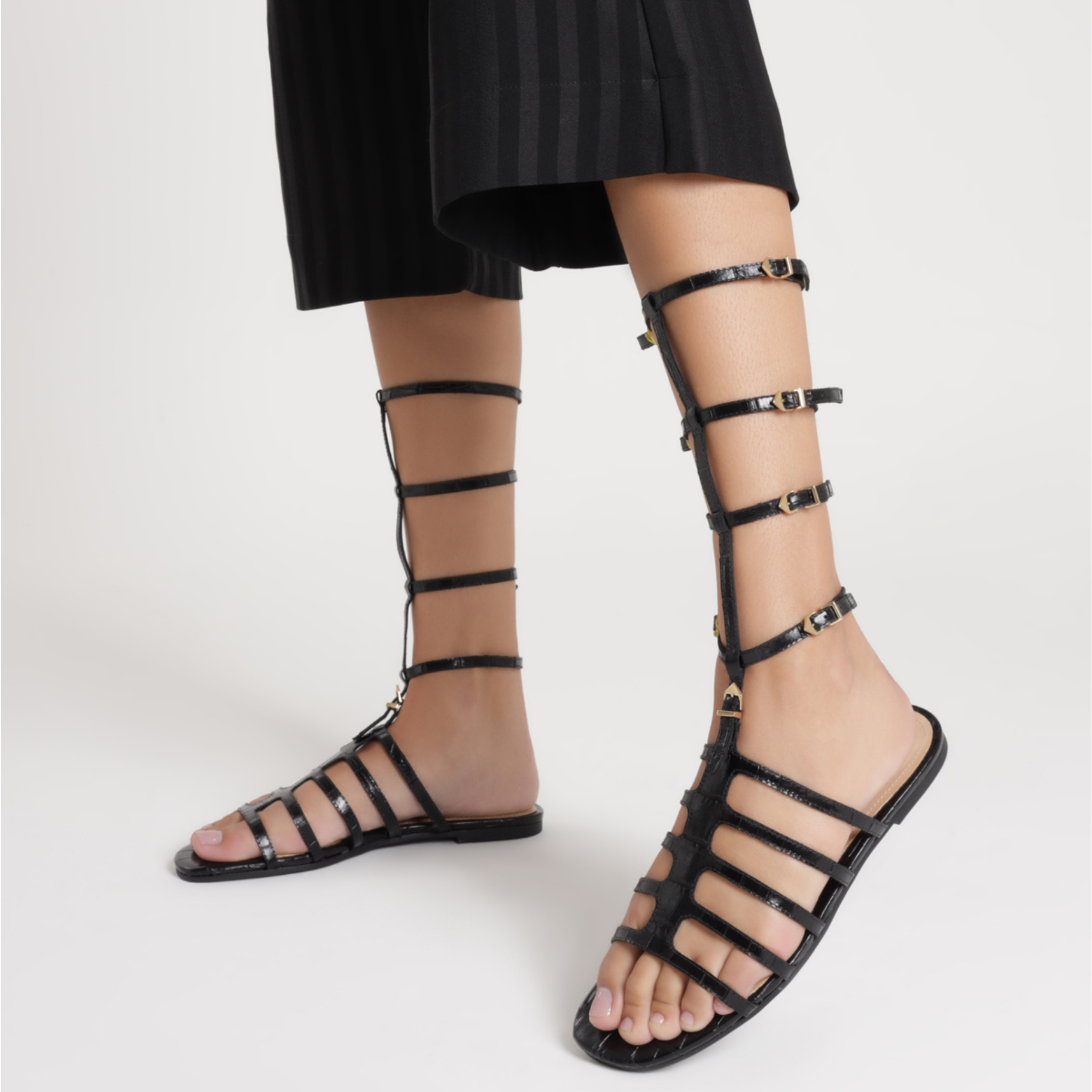 Hayden Crocodile-Embossed Leather Sandal Flats SPRING 24    - Schutz Shoes