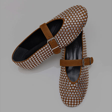 brown ballerina flat with silver studs