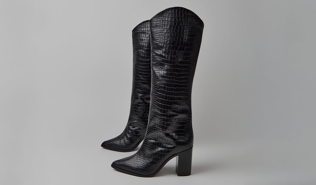 black crocodile-embossed leather block heel boot