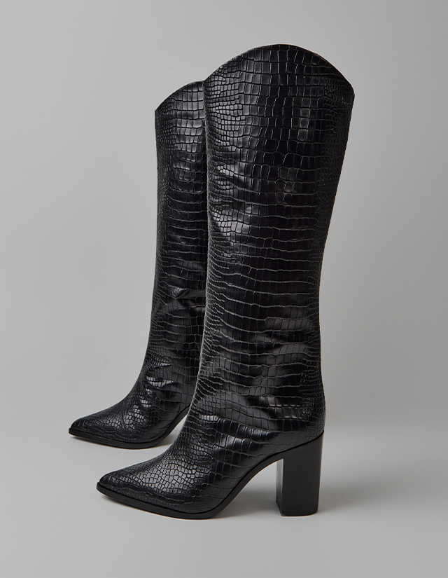 black crocodile-embossed leather block heel boot