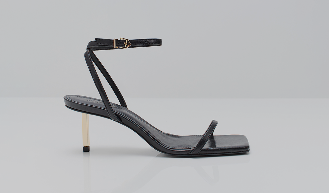 black sandal with gold kitten stiletto heel