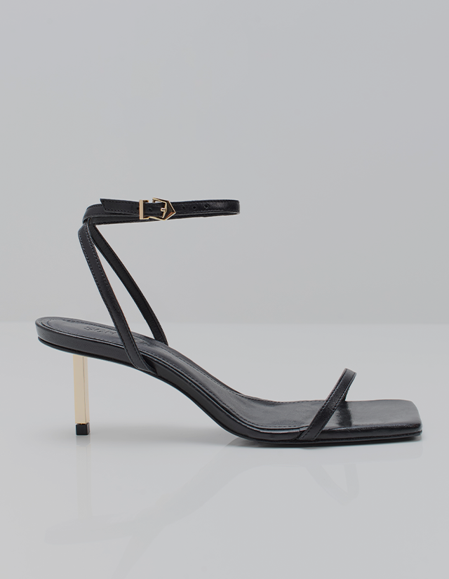 black sandal with gold kitten stiletto heel