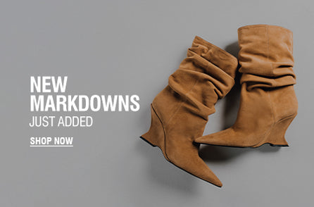 Black studded Mary Jane-style flats displayed on a textured surface, with the text 'FRESH FINDS ON SALE' in white and red, and a 'SHOP NOW' button on the left side.