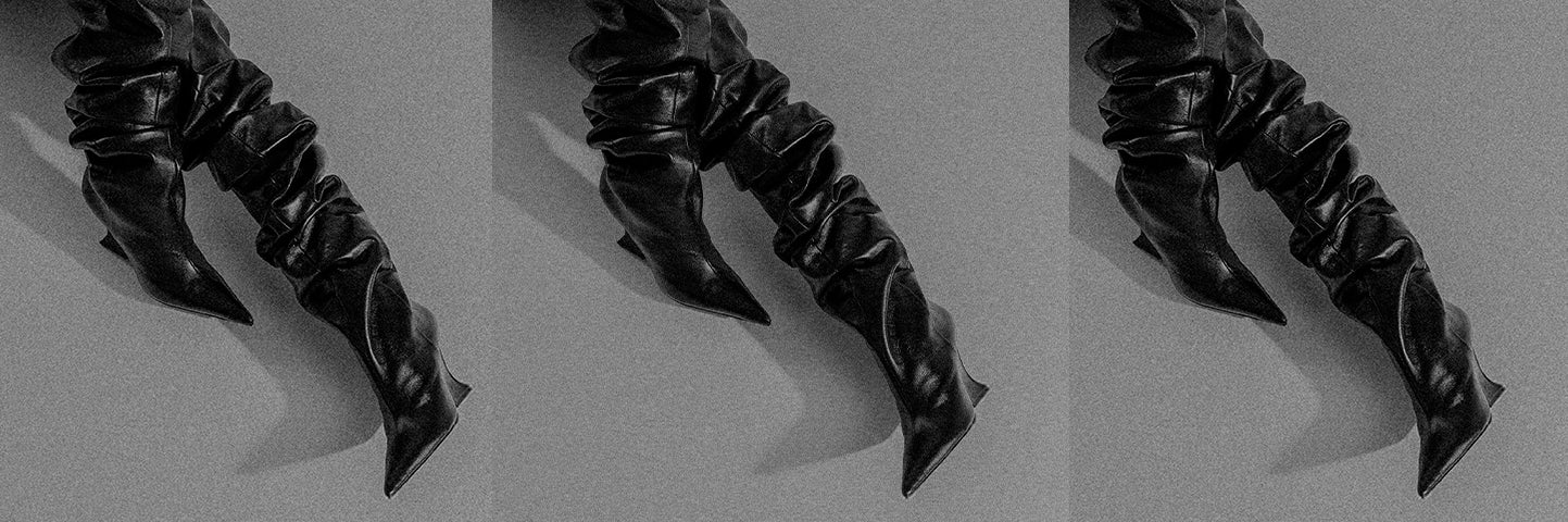 Black slouchy leather knee-high boots with pointed toes, displayed three times in a mirrored layout, with the text “HOLIDAY” at the center.