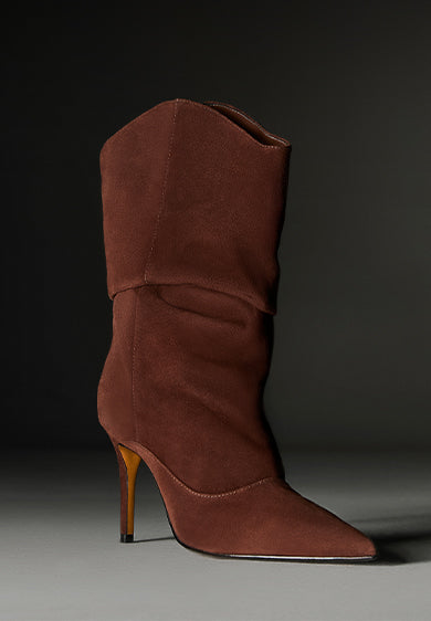 Brown suede high-heeled boot with a pointed toe, displayed against a dark background with the words “SUEDE STYLES” in bold white text on the left.