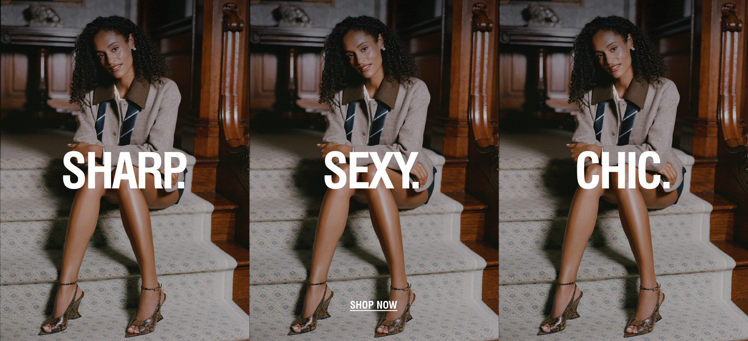 3 pictures of a woman wearing a wedge sandal with snake print. Text reads: SHARP. SEXY. CHIC. Shop Now.