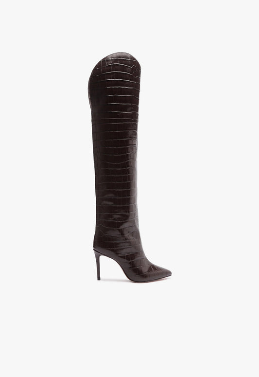 Maryana Over the Knee Leather Boot FALL 23 5 Dark Chocolate Crocodile-Embossed Leather - Schutz Shoes