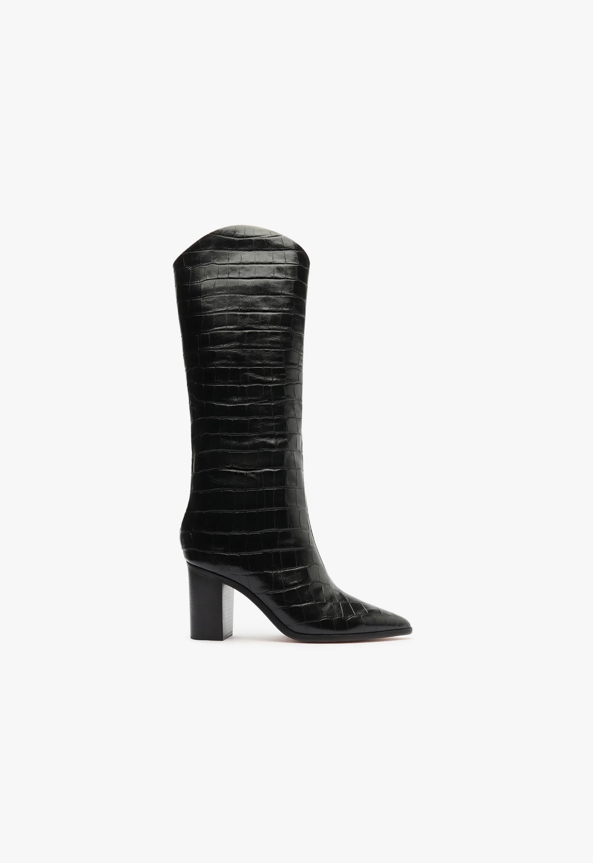 Maryana Block Wide Crocodile Boot FALL 24 5 Black Crocodile-Embossed Leather - Schutz Shoes